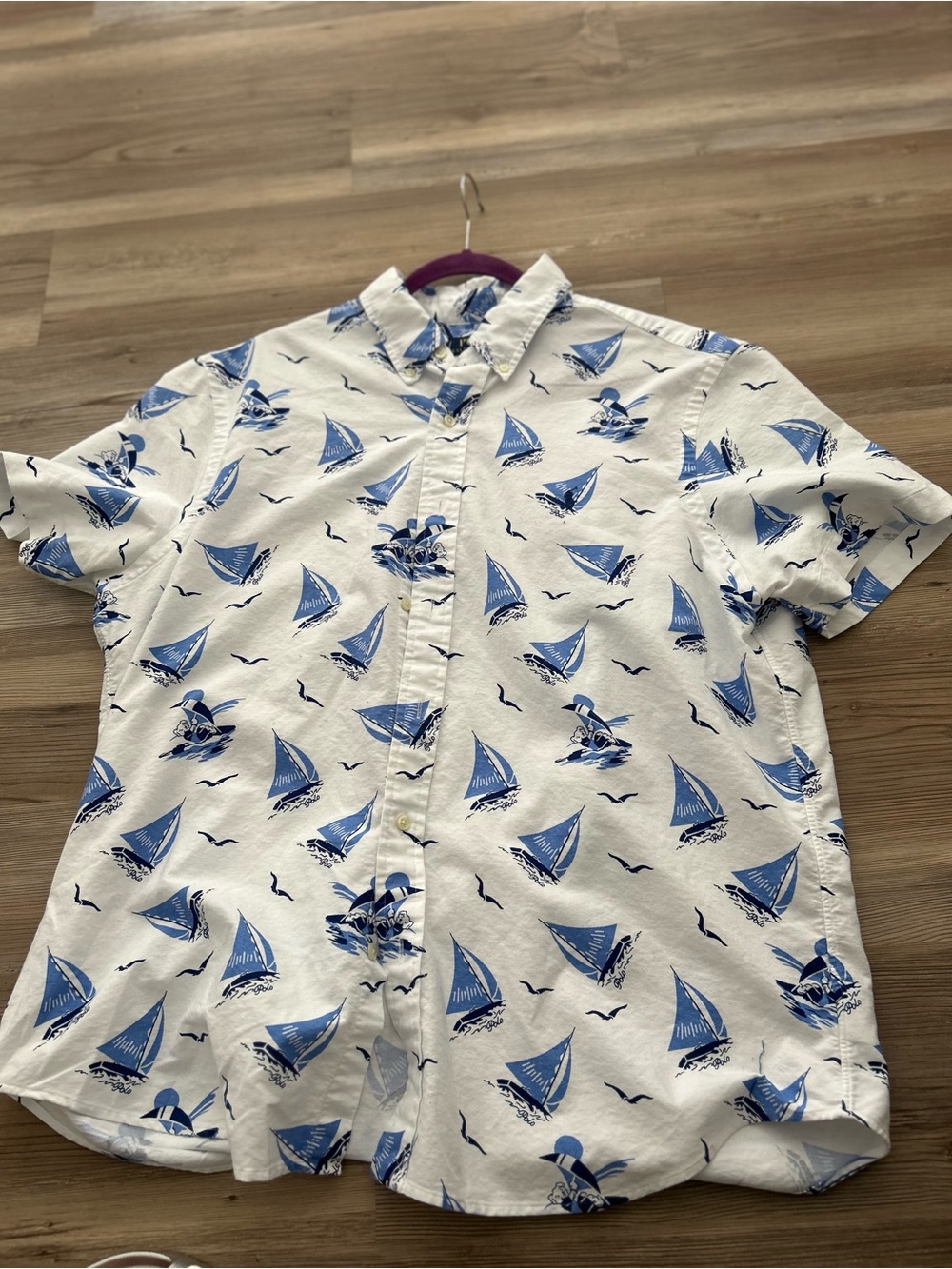 Ralph Lauren White Short-Sleeve Button-Down Shirt with Blue Sailboat Print